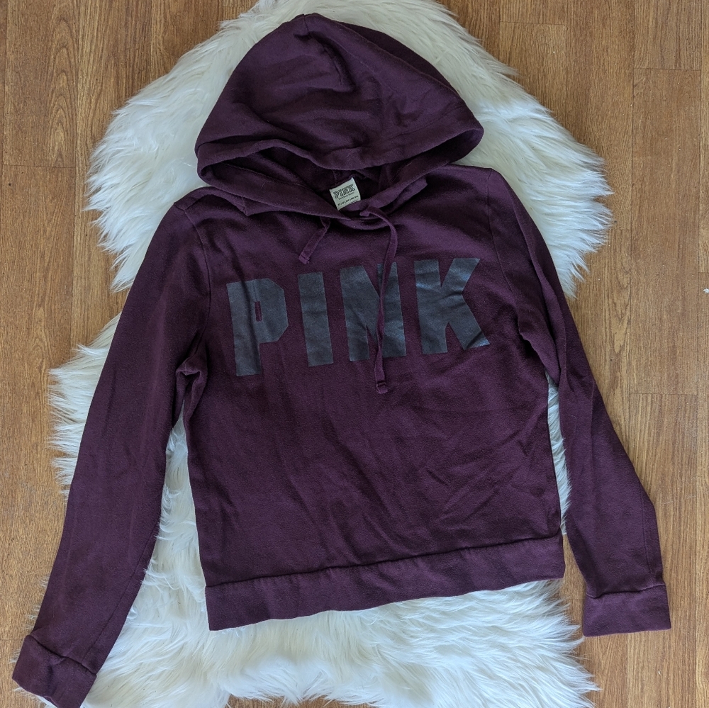 PINK Victoria's Secret Maroon Pull Over Hoodie With Black Print